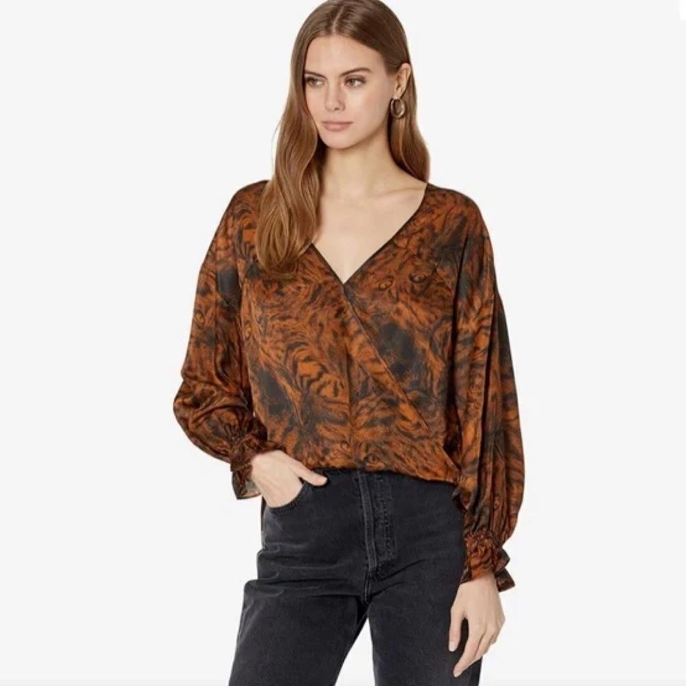 AllSaints Penny Grizedale Cat Print Wrap Front Blouse